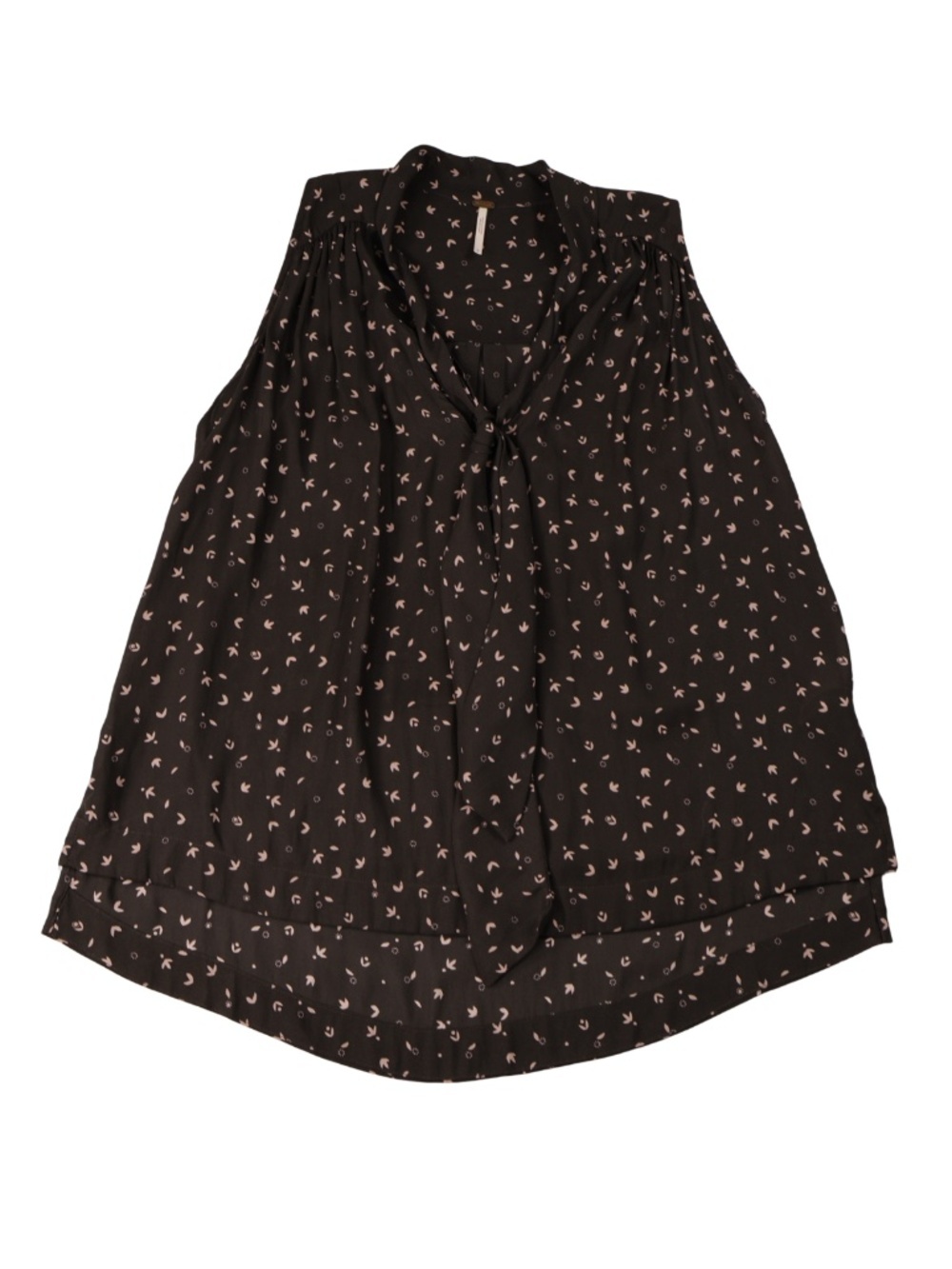 Free People Black Printed Tie Neck Sleeveless Blouse Boho Top Small